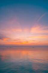 Obraz premium Beautiful sea ocean horizon. Skyscape seascape. Orange gold purple sunset sky reflection calmness water surface, tranquil relaxing sunlight, summer mood. Inspirational nature view, wide horizon sky. 