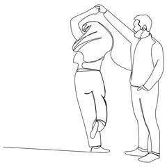 Fashion. Dance. Illustration of dancing girl wearing long dress on high heels. Continuous line drawing of beautiful lady, minimalism, woman beauty. Vector illustration for t-shirt design. illustration