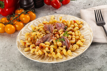 Italian pasta cellentani with anchovy