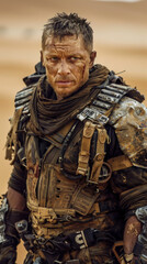 Obraz premium Heroic Man in Homemade Armor, People of the Wasteland, Post-apocalyptic world, Desolation and Savagery, cinematographic imagery. 
