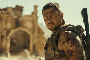 Obraz premium Heroic Man in Tactical Gear, People of the Wasteland, Post-apocalyptic world, Desolation and Savagery, cinematographic imagery. 