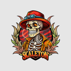 a logo for a halloween party with a skull on it.