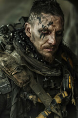 Sinister Smiling Villain Aerial Portrait, People of the Wasteland, Post-apocalyptic world, Desolation and Savagery, cinematographic imagery. 