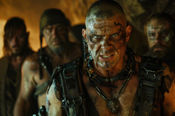 Obraz premium Villainous Man: Twisted Grin Portrait, People of the Wasteland, Post-apocalyptic world, Desolation and Savagery, cinematographic imagery. 