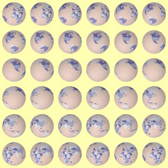 Collection of globes. Slanted sphere view. Rotation step 10 degrees. Colored countries style. World map with sparse graticule lines on warm background. Juicy vector illustration.