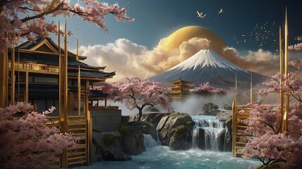 Free New Photo Volumetric stucco molding on a concrete wall with golden element spainting of a river with a bridge