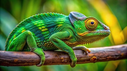 A vibrant green chameleon with bright yellow eyes perches on a slender branch, its prehensile tail curled around the wood, as it carefully observes its surroundings, chameleon, branch