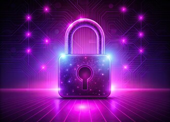 A close-up of a digital padlock, rendered in vibrant purple and pink hues, with a glowing security icon inside, symbolizing the secure connection and protection of digital privacy