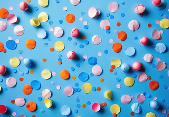 Colorful confetti falling on blue background, festive birthday party decoration. Vibrant celebration atmosphere with multicolored paper pieces. Perfect for parties, celebrations, and joyful events.