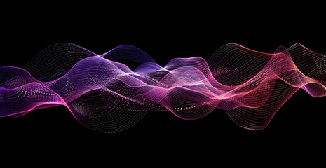 Abstract wave of dots and lines in purple and pink colors on a dark background, a vector illustration design with a digital sound wave effect in the style of music poster or template
