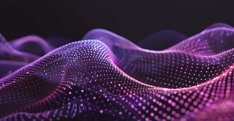 Abstract wave of dots and lines in purple and pink colors on a dark background, a vector illustration design with a digital sound wave effect in the style of music poster or template
