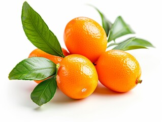 A ripe kumquat with a green leaf isolated on a white background.