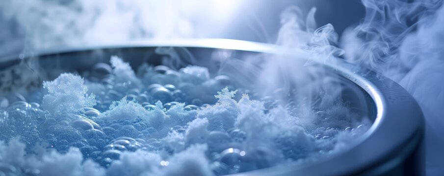 Close-up of cryogenic liquid nitrogen bank holding cell suspension, highly detailed frost and vapor, photorealistic