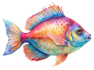 Fototapeta premium Watercolor rainbow fish illustration, featuring bright colors and intricate scale patterns, isolated on transparent background, png.