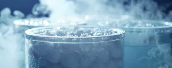 Detailed close-up of liquid nitrogen storage bank with cell suspension, photorealistic, frosty vapors, laboratory environment