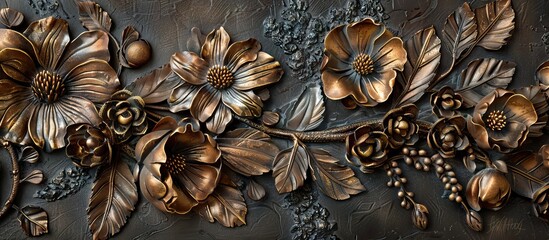 flora background engrave on a woodden board. Flower wallpaper. AI generated illustration