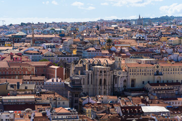 Aerial view of historical houses with red and coloured roofs, Lisbon, Portugal. Urban Cityscape Neighborhood. Alfama Portugal, beautiful European city