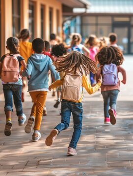 children running in a school hallway