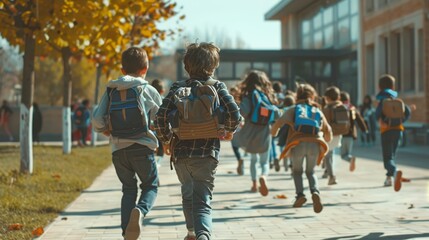 Obraz premium children running in the street with backpacks