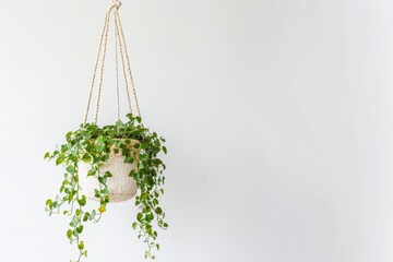 Obraz premium a hanging plant with green leaves on a white wall