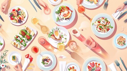 Flat web design of a collage of fine dining scenes including elegant table settings, gourmet dishes, and a luxurious ambiance, suitable for showcasing the sophistication of fine di