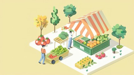 Obraz premium Isometric illustration of a farmer's market with fresh produce and a vendor.