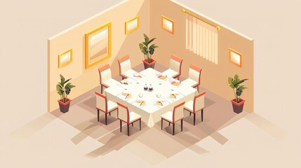 Simple, Isometric illustration of a private dining room in an upscale restaurant, indicating the exclusivity and indulgence of fine dining, with space for text