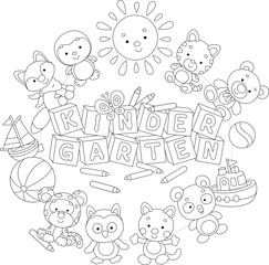 Welcome to kindergarten card with cartoony baby animals, bricks with letters, pencils, funny toys and a smiling sun, black and white vector cartoon illustration for a coloring book