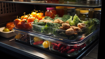  A Well-Organized Refrigerator Interior with Raw Meat is Stored on the Bottom Shelf, Covered in Containers, While Cooked Food Sits on Upper Shelves