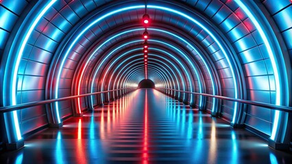 A sleek, futuristic tunnel with vibrant blue and red lights illuminating the smooth, metallic walls, creating an abstract pattern of light and shadow, futuristic tunnel, blue lights