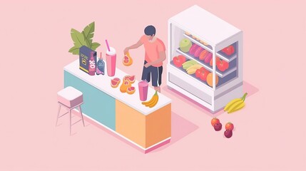 Fototapeta premium Simple, Isometric illustration of a fitness enthusiast preparing a nutritious smoothie, indicating the connection between nutrition and vitality, with space for text