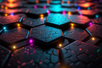 background with hexagons, Immerse yourself in the mesmerizing allure of a black reflective hexagon background adorned with colored lights