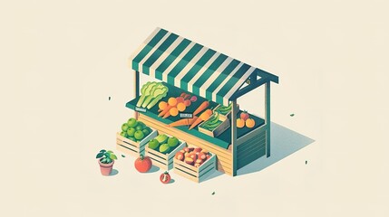 Isometric illustration of a fruit and vegetable stand at a farmers market.