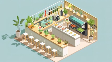 Isometric view of a modern bar with counter, stools, plants and drinks.