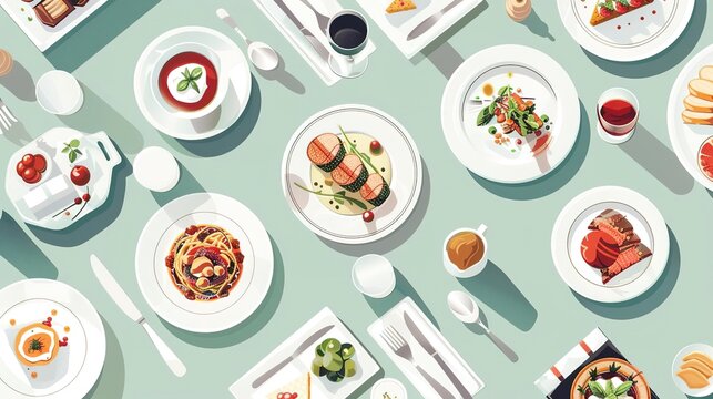 Minimalist flat design of a fine dining poster with images of gourmet dishes, elegant settings, and luxurious ambiance, representing the sophistication and indulgence of fine dinin