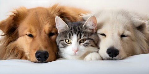 Pets snuggle on white carpet cat dog puppy and kitten sleeping. Concept Pet Photography, Cozy Naps, Furry Friends, Nap Time Cuddles, Animal Companions