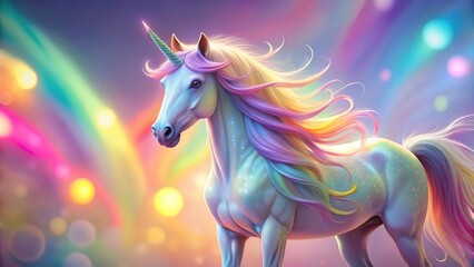 A magical holographic unicorn, shimmering with rainbow gradient colors, stands against a soft, blurred background, its mane flowing in the breeze, holographic unicorn, gradient colors