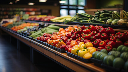 Obraz premium Wide Angle View of a Grocery Store Produce Section, Showcasing an Array of Fresh Fruits and Vegetables Neatly Arranged