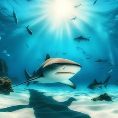 Fototapeta premium Nurse shark swims in tropical blue sea with sunny light. Swimming with shark