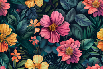 A vibrant and colorful floral pattern featuring a variety of large, detailed flowers in shades of pink, yellow, and orange, set against a dark background with lush green leaves creating a striking