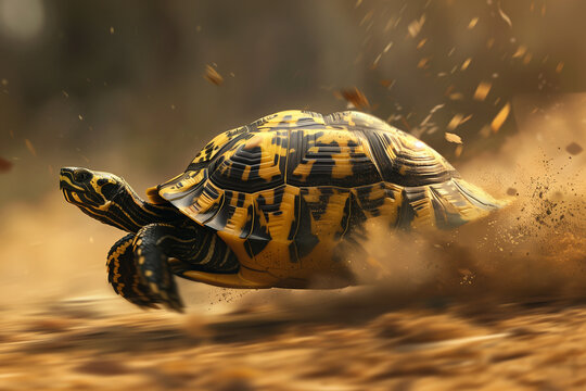 A dynamic and action-packed digital artwork capturing a turtle in mid-sprint with a highly detailed shell pattern, set against a blurred background of swirling dust and motion