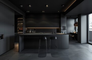 Black kitchen interior design with a modern minimalist style 