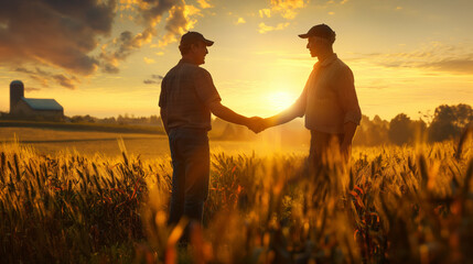 Labor Day, two farmers shaking hands in a field, golden hour lighting, peaceful and appreciative mood, farmland and crops in the background