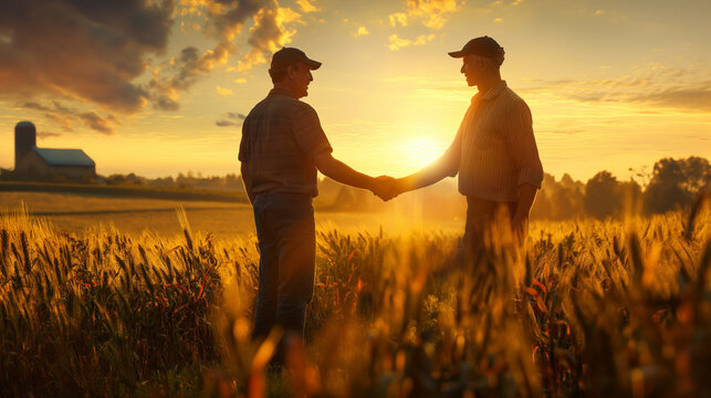 Labor Day, two farmers shaking hands in a field, golden hour lighting, peaceful and appreciative mood, farmland and crops in the background