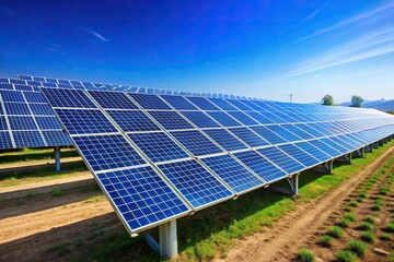 A vast field of vibrant blue solar panels stretches across a clear sky, capturing the sun's energy to power homes and businesses, solar panels, blue solar panels, solar farm