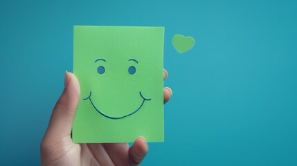 Hand holding a green paper cutout with a happy smiling face, symbolizing positive thinking and growth mindset, celebrating World Mental Health Day, blue background