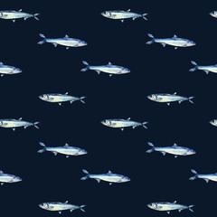 Anchovies small fish on watercolor seamless pattern isolated. Fresh sea fish hand drawn endless background. Sea pattern with fishes. Underwater sea design for package, textile, paper