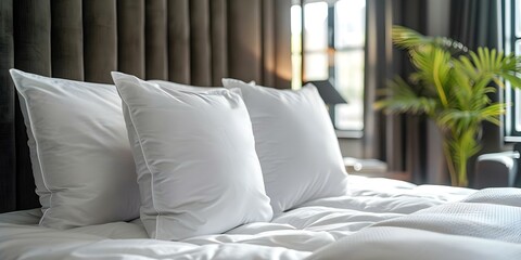 Closeup of white pillows on a hotel bed showcasing luxury bedroom decor. Concept Luxury Bedroom Decor, White Pillows, Closeup Shots