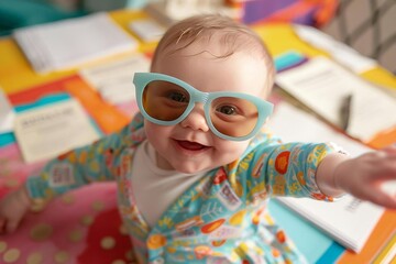 Adorable baby wearing big sunglasses happily reaches for trademark sign on colorful desk surrounded by papers.
