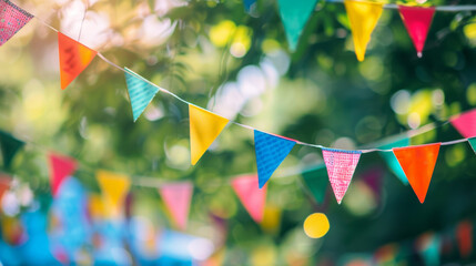 Colorful flags hang beautifully in the summer garden. Adding a festive touch to the outdoor party. Creating a cheerful atmosphere for celebrating with friends and family. Music. Games
